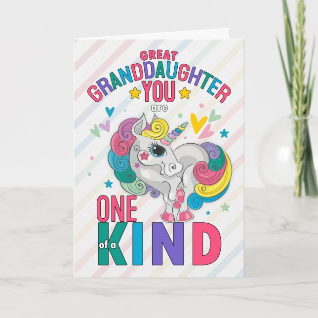 Great Granddaughter Rainbow Unicorn Valentine Holiday Card (Front)