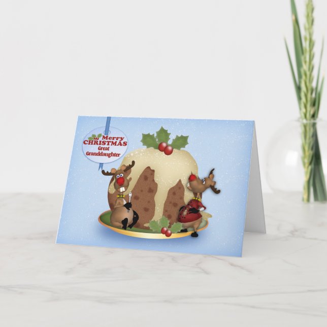 Great Granddaughter Reindeer And Pudding Christmas Holiday Card (Front)