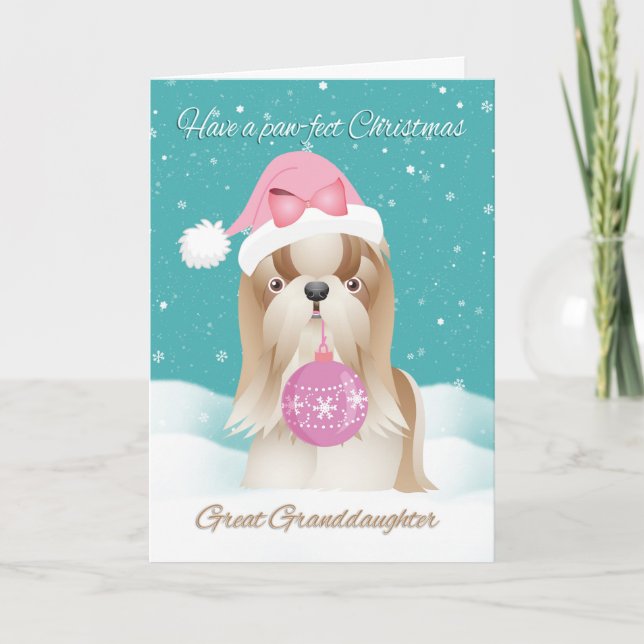 Great Granddaughter, Shih Tzu Dog With Cute Santa Holiday Card (Front)