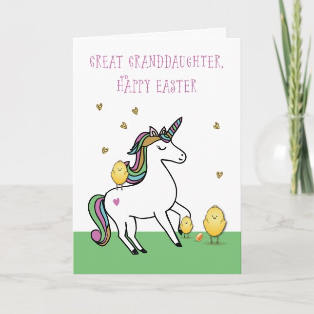 Great Granddaughter Unicorn Easter Wishes w/ Chick Card (Front)