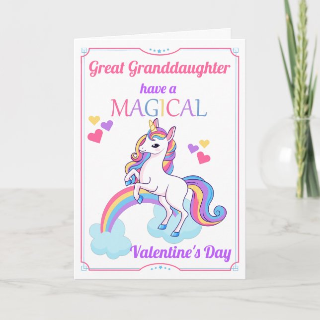 Great Granddaughter Unicorn Valentine's Day Holiday Card (Front)