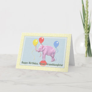 Great Granddaughter's Birthday Card, Pink Elephant Card