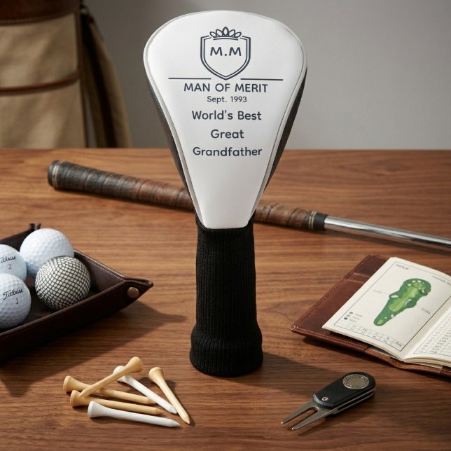 Great-Grandfather Monogram Initials Man Of Merit Golf Head Cover (Great-Grandad golf club head cover. )