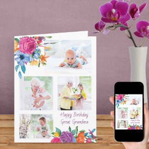 Great Grandma 4 Photo Colourful Flowers Birthday Card
