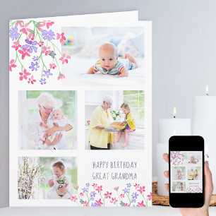 Great Grandma 4 Photo Ditsy Pink Flowers Birthday Card