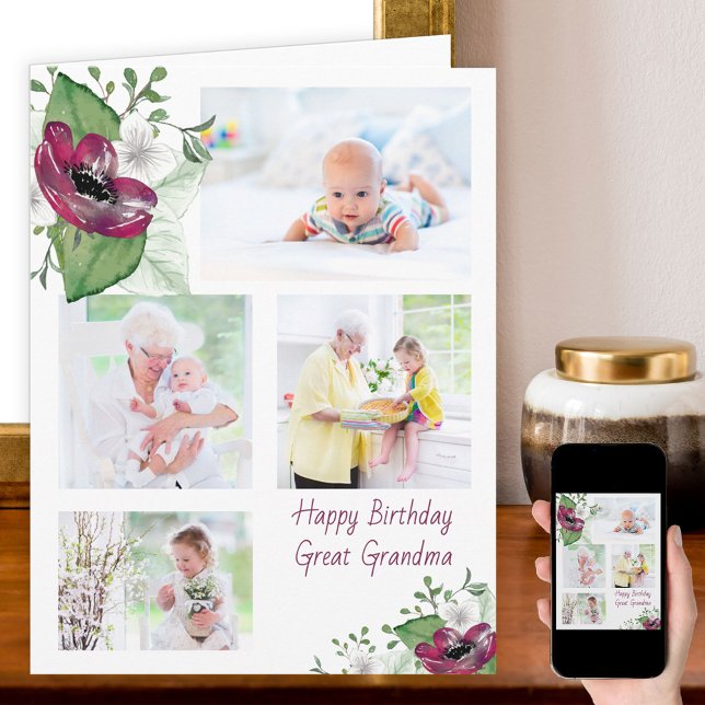 Great Grandma 4 Photo Magenta Anemone Birthday Card (Creator Uploaded)