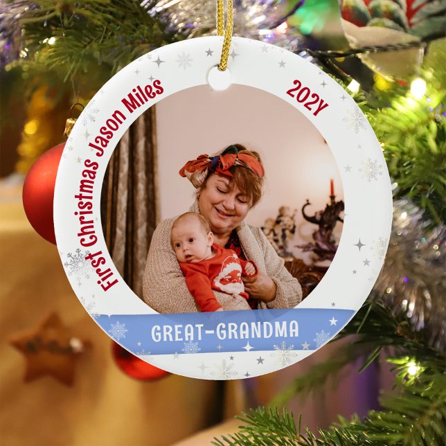 Great Grandma Baby Personalised First Xmas Photo  Ceramic Tree Decoration (Modern Elegant Cute First Christmas Baby Love you Great-Grandma 1 Photo Snowflakes Stars Bow Holly)