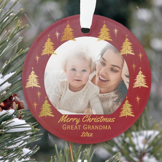 Great Grandma Christmas Photo Red and Gold Ornament (Photo ornament to wish Great Grandma a merry christmas)