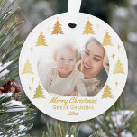 Great Grandma Christmas Photo White and Gold Ornament<br><div class="desc">Custom photo Christmas ornament in white with gold Christmas trees and editable wording. The photo template is set up for you to add one of your favourite pictures pictures, which will be framed with gold trees and stars. The wording currently reads Merry Christmas Great Grandma 20xx and you can edit...</div>