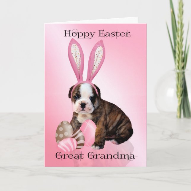 Great Grandma Cute Easter Bulldog Puppy With Eggs Holiday Card (Front)