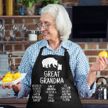 Great Grandma Gift With Grandkid Names Rustic Bear Apron<br><div class="desc">Looking for a personalised apron for your great grandma? Look no further than the Great Grandma Apron! This rustic black apron is perfect for her kitchen, and can be customised with any grandkid's name. The protective bear with a cute little bear is sure to capture her protective and loving nature!...</div>