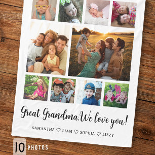 Great Grandma Grandkids 10 Photo Collage White Fleece Blanket