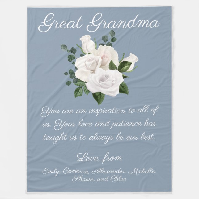Great Grandma Message From Kids White Roses Fleece Blanket (Front)