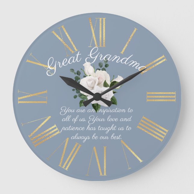 Great Grandma Message From Kids White Roses Large Clock (Front)