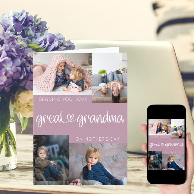 Great Grandma Mother's Day 4 Photo Collage Pink Holiday Card (Creator Uploaded)