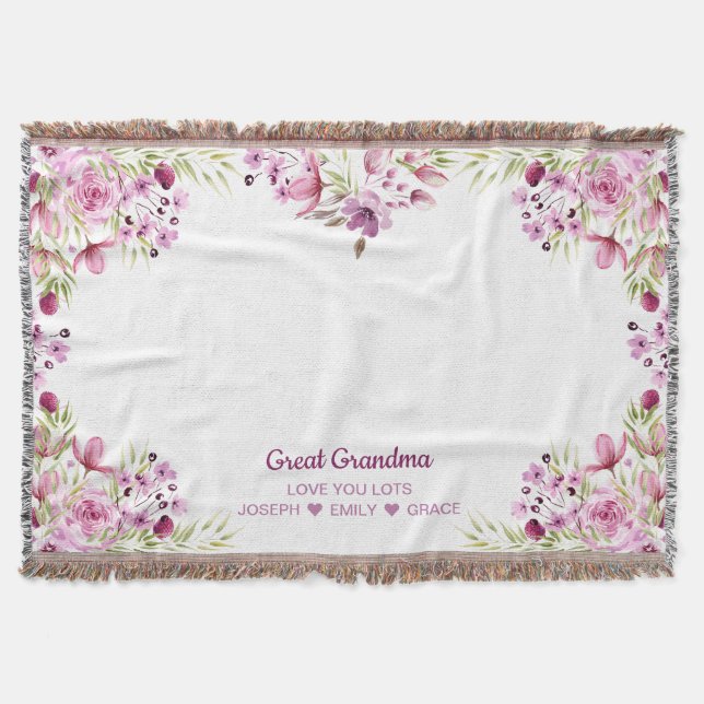 Great Grandma Pink and Purple Flower Border Throw Blanket (Front)