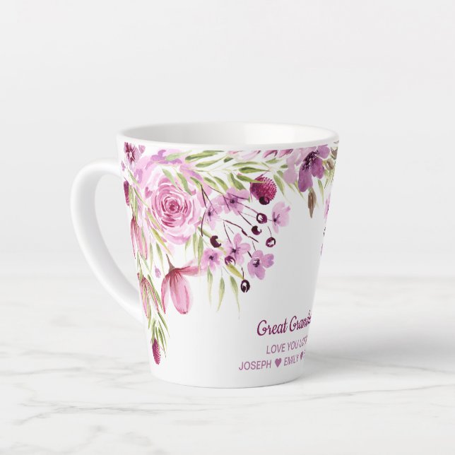 Great Grandma Pink and Purple Flowers Latte Mug (Left Angle)