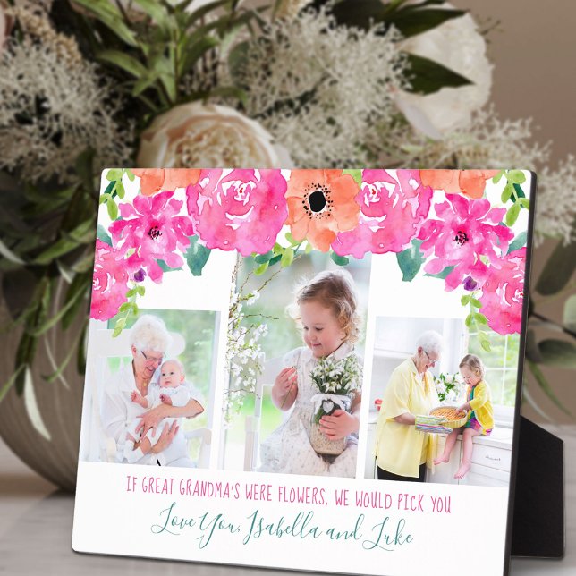 Great Grandma Poem 3 Photo Pink Floral Plaque (Creator Uploaded)