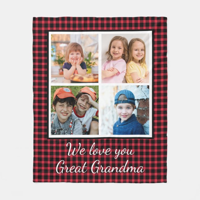 Great Grandma Red Buffalo Plaid 4 Photo Collage  Fleece Blanket (Front)
