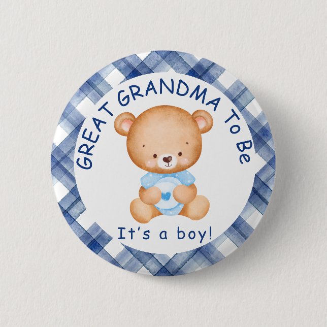 GREAT GRANDMA to be Blue Plaid Baby Shower 6 Cm Round Badge (Front)