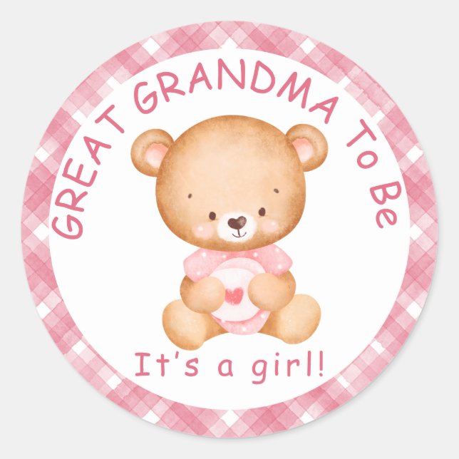 GREAT GRANDMA to be Pink Plaid Baby Shower Classic Round Sticker (Front)