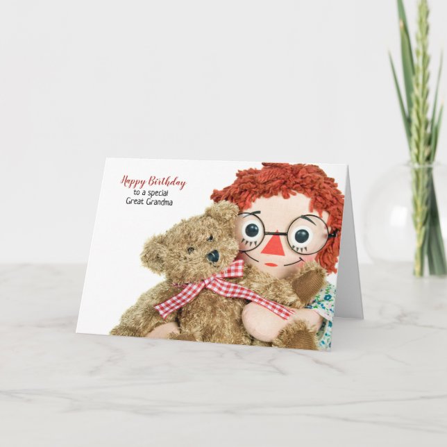 great grandmother birthday rag doll with teddy card (Front)