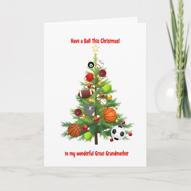 Great Grandmother Christmas Tree With Sport Balls Holiday Card (Front)