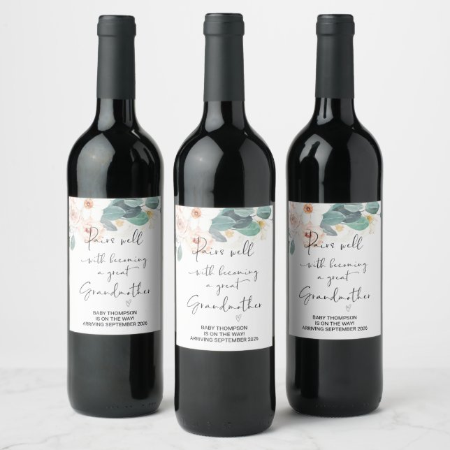Great Grandmother to Be Pregnancy Announcement Mum Wine Label (Bottles)