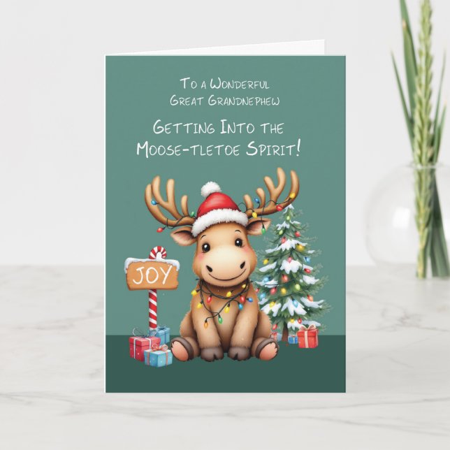 Great Grandnephew Adorable Funny Moose Christmas Card (Front)