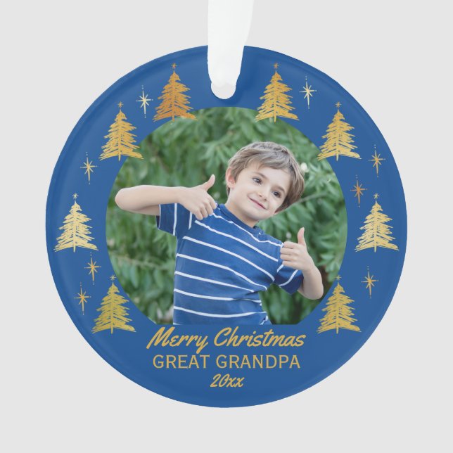Great Grandpa Blue and Gold Christmas Trees Photo Ornament (Front)