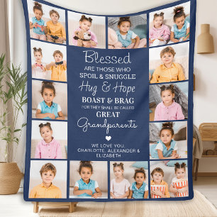 Great Grandparents Custom Navy Blue Photo Collage Fleece Blanket