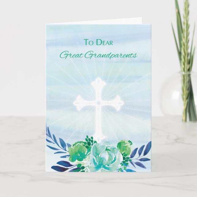 Great Grandparents Teal Blue Flowers Cross Easter Holiday Card (Front)