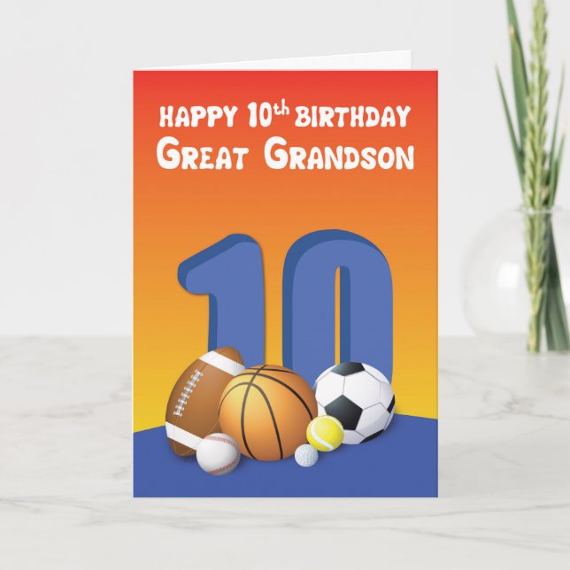 Great Grandson 10th Birthday Sports Balls Card (Front)