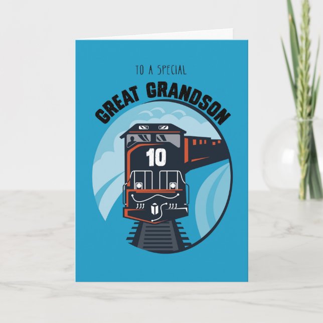 Great Grandson 10th Birthday Train, Little Boy Card (Front)