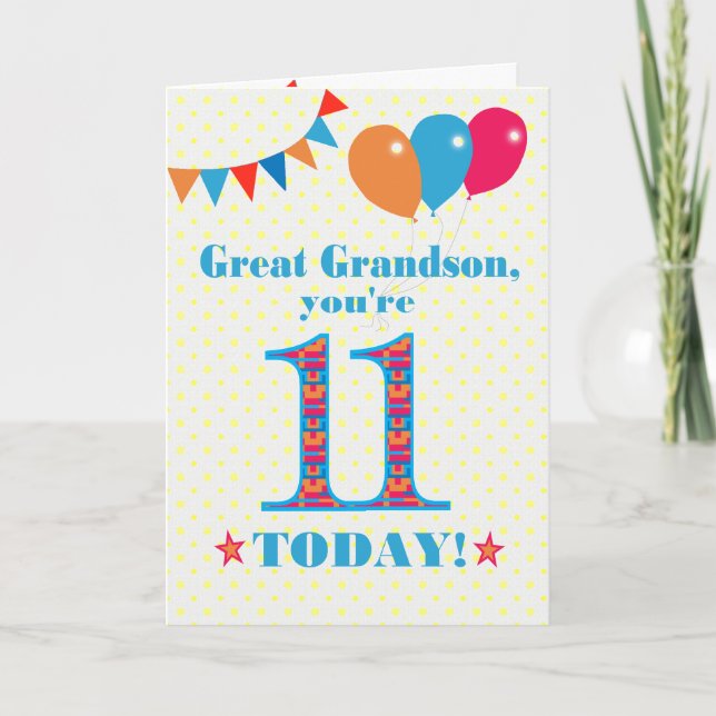 Great Grandson 11th Birthday Bunting Balloons Card (Front)