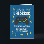 Great Grandson 11th Birthday Game Controller Age Card<br><div class="desc">He’s growing fast—and so is his high score in life! This “Level 11 Unlocked” card is a winning choice for your great grandson’s birthday. With a vibrant blue background, eye-catching lightning bolts, and a game controller front and centre, it’s made for boys who live for fun and love a good...</div>