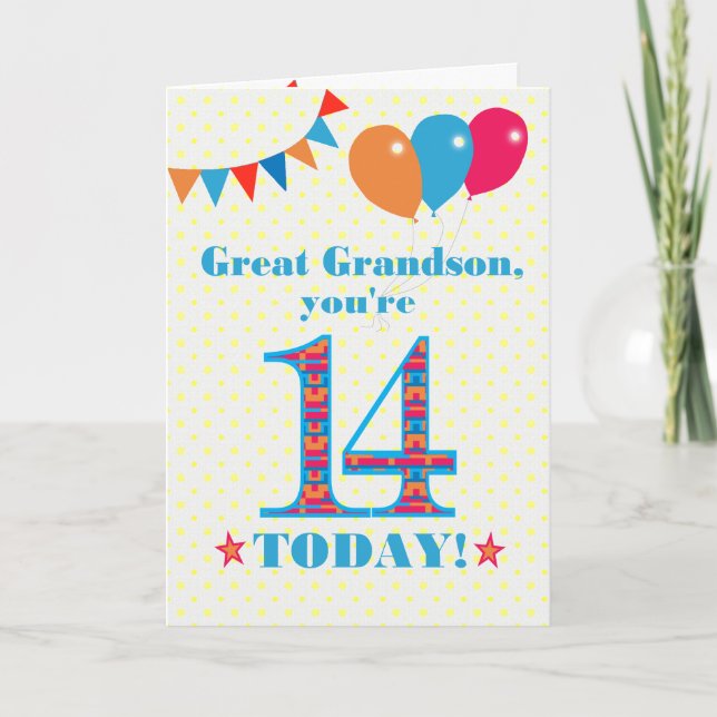 Great Grandson 14th Birthday Bunting Balloons Card (Front)