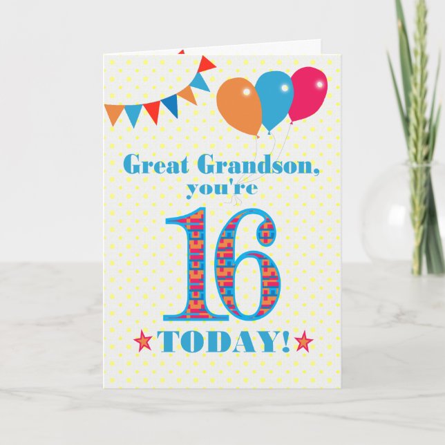 Great Grandson 16th Birthday Bunting Balloons Card (Front)