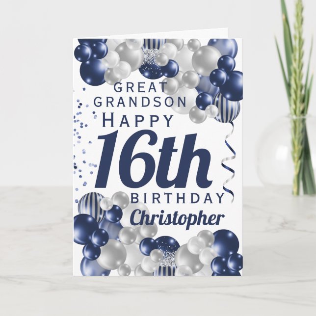 Great Grandson 16th Birthday Navy Balloon Card (Front)
