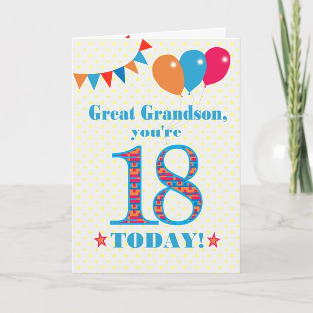 Great Grandson 18th Birthday Bunting Balloons Card (Front)