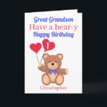 Great Grandson 1st Bear-y Birthday Card<br><div class="desc">Great Grandson Have a bear-y Happy Birthday card featuring a teddy bear holding 2 red heart balloons with the birthday boy's age . A fun play on words. A great card to send to your great grandchild to celebrate his birthday . All text can be amended to customised the card...</div>