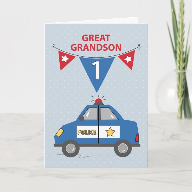 Great Grandson 1st Birthday Blue Police Car Card (Front)