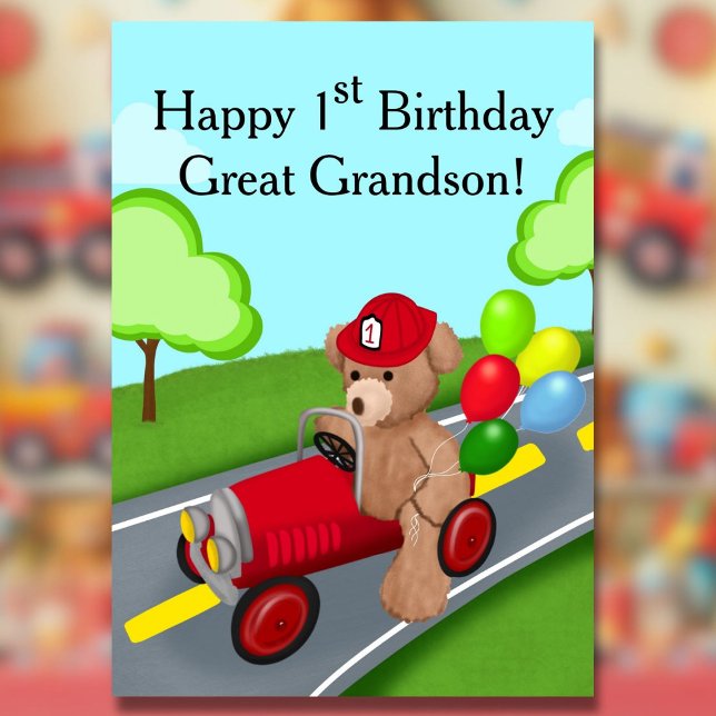 Great Grandson 1st Birthday Teddy Bear Firetruck Card (Creator Uploaded)