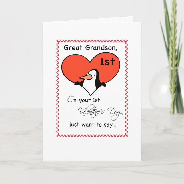 Great Grandson 1st Valentine's Day Cute Penguin Holiday Card (Front)