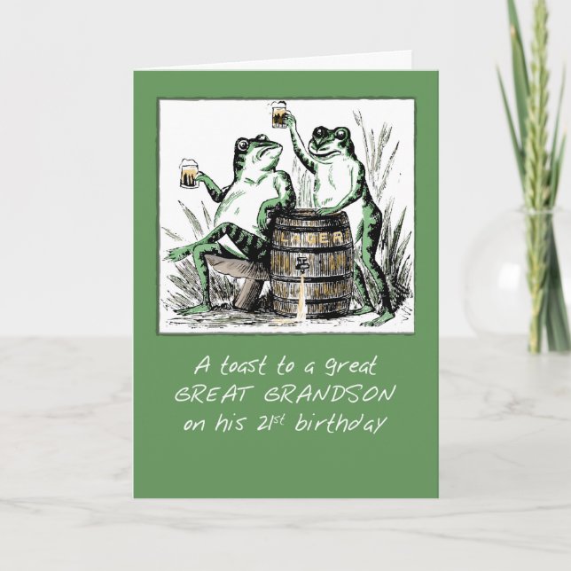 Great Grandson 21st Birthday Frogs Toasting Beer Card (Front)