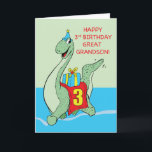 Great Grandson, 3rd Birthday Dinosaur Card<br><div class="desc">This fun card is all you need to surprise you dear great grandson on his 3rd birthday. He will surely be surprised when he sees this smiling dinosaur carrying his gift on its back.</div>