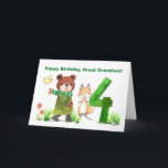 Great Grandson 4th Birthday Bear Fox Large Five Card<br><div class="desc">Celebrate a great-grandson’s fourth birthday with this whimsical card full of warmth and charm. A bear, fox, and little bird walk together towards a bold number 4, symbolising another exciting year ahead. The soft watercolor artwork gives the card a timeless feel, perfect for a growing boy who brings joy with...</div>