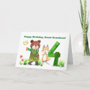 Great Grandson 4th Birthday Bear Fox Large Five Card