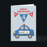 Great Grandson 4th Birthday Blue Police Car Card<br><div class="desc">This might just be the perfect card to give a great grandson on the celebration of his 4th birthday. When he sees the police as heroes he will surely be honoured to receive this red,  white and blue police car card.</div>