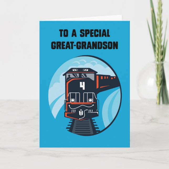 Great Grandson 4th Birthday Blue Train Card (Front)